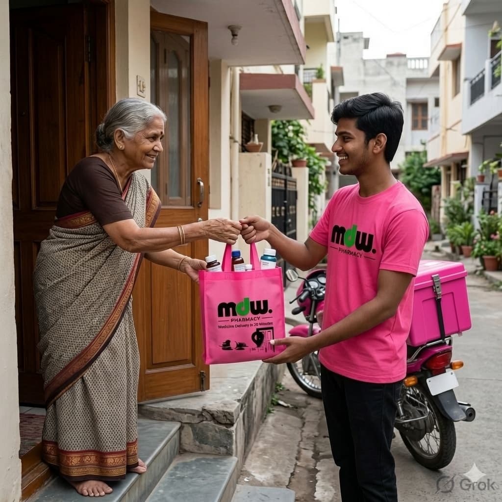 An MDW Pharmacy delivery rider handing a medicine bag to a customer at her door.
